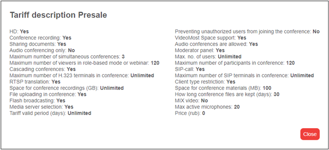 The Tariff description window